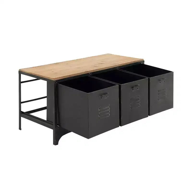 Wood Storage Bench 3 Drawers Black - Olivia & May: Industrial Style, Metal Frame, Distressed Finish, 300 lb Capacity