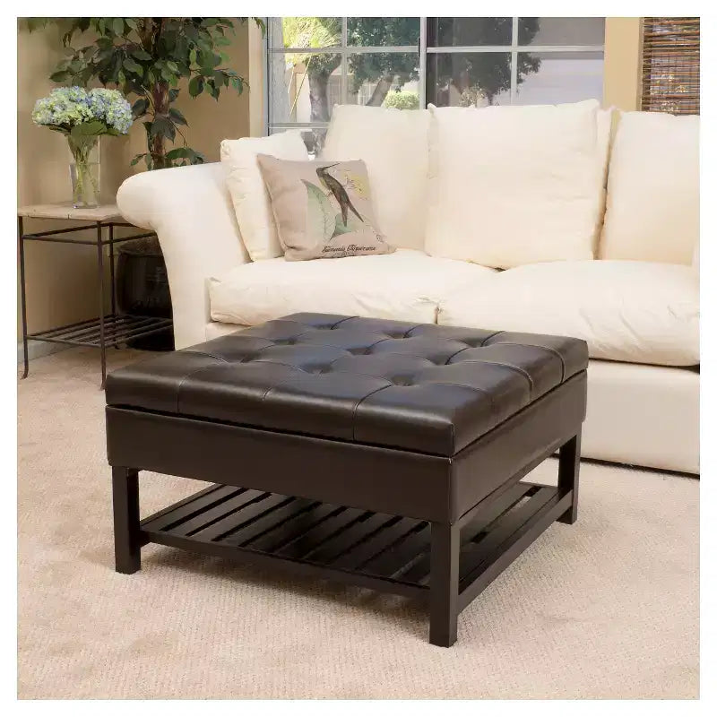 Christopher Knight Home Miriam Wood Storage Ottoman Brown: Footstool, Rack, Bonded Leather