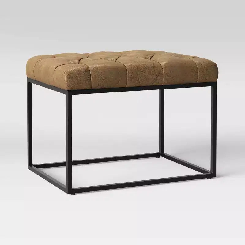 Trubeck Tufted Metal Base Ottoman Faux Leather Brown - Threshold™: Padded Footstool, No Assembly Required