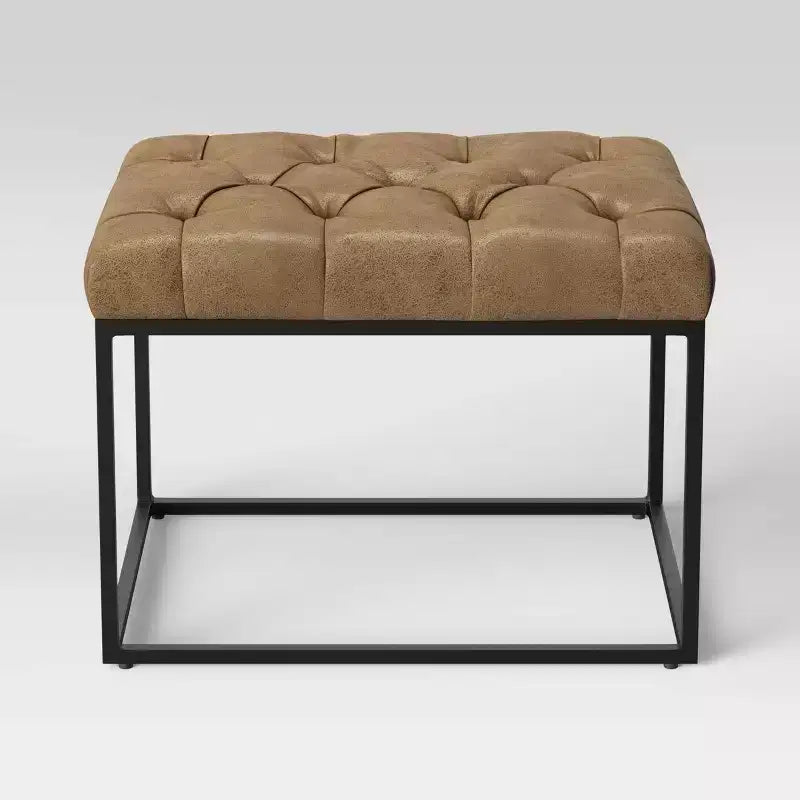Trubeck Tufted Metal Base Ottoman Faux Leather Brown - Threshold™: Padded Footstool, No Assembly Required