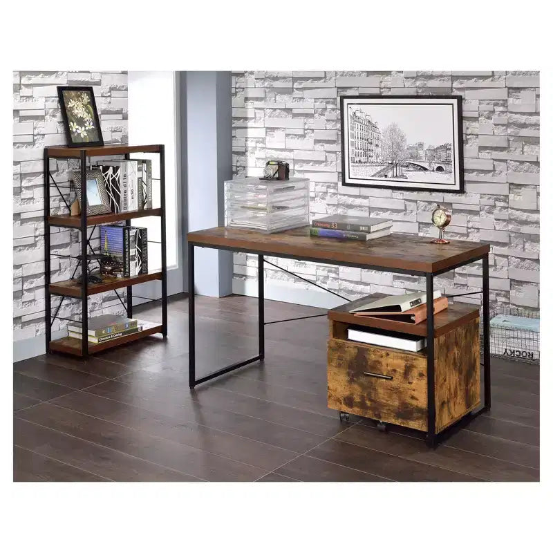 Writing Desk Oak - Acme Furniture: Industrial Style, Metal Frame, 47" Wide Surface, No Storage