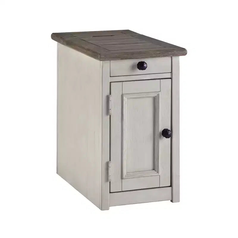 Signature Design by Ashley Bolanburg Chair Side End Table Brown/White: Vintage Style, USB Ports, Storage Cabinet