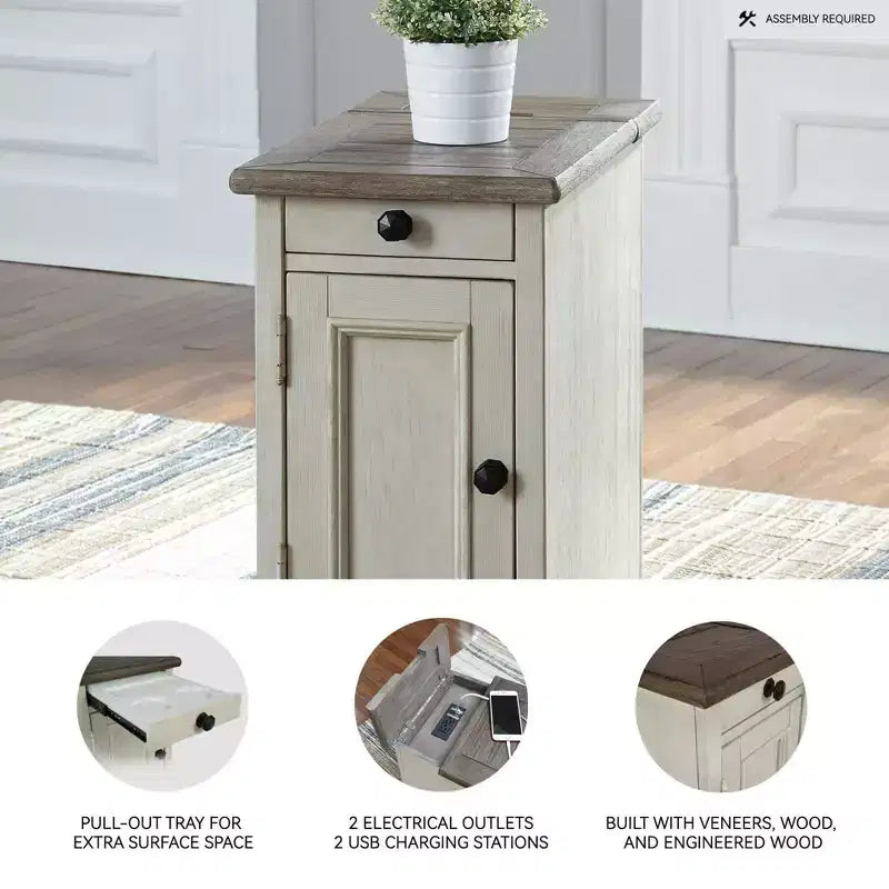 Signature Design by Ashley Bolanburg Chair Side End Table Brown/White: Vintage Style, USB Ports, Storage Cabinet