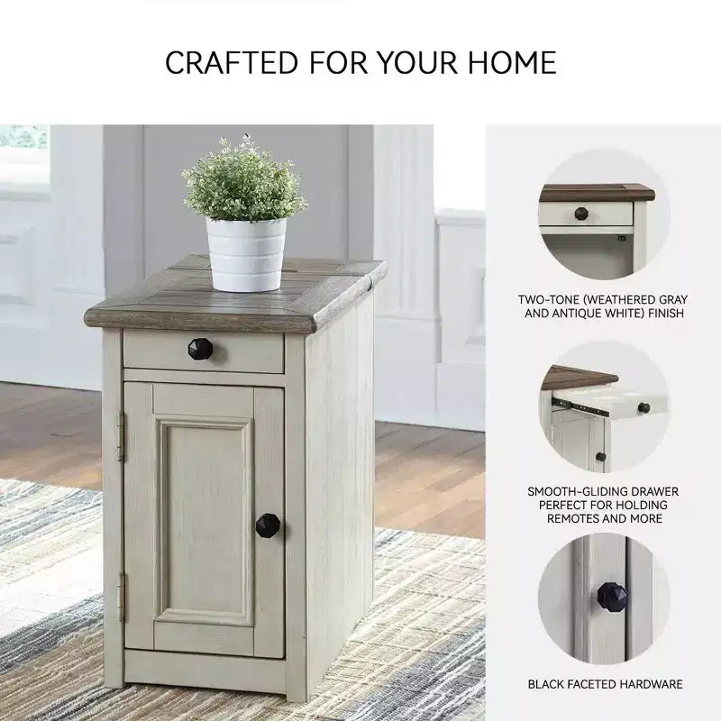 Signature Design by Ashley Bolanburg Chair Side End Table Brown/White: Vintage Style, USB Ports, Storage Cabinet