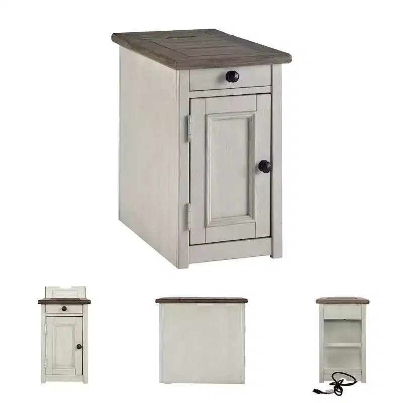 Signature Design by Ashley Bolanburg Chair Side End Table Brown/White: Vintage Style, USB Ports, Storage Cabinet